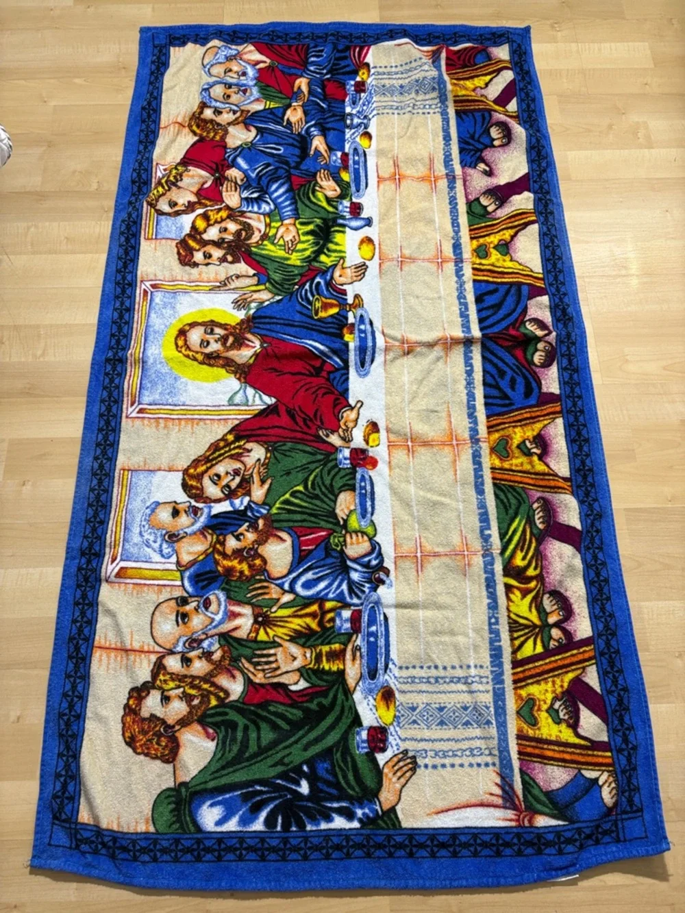Religious Themed Blue and Multicolor Beach Towel